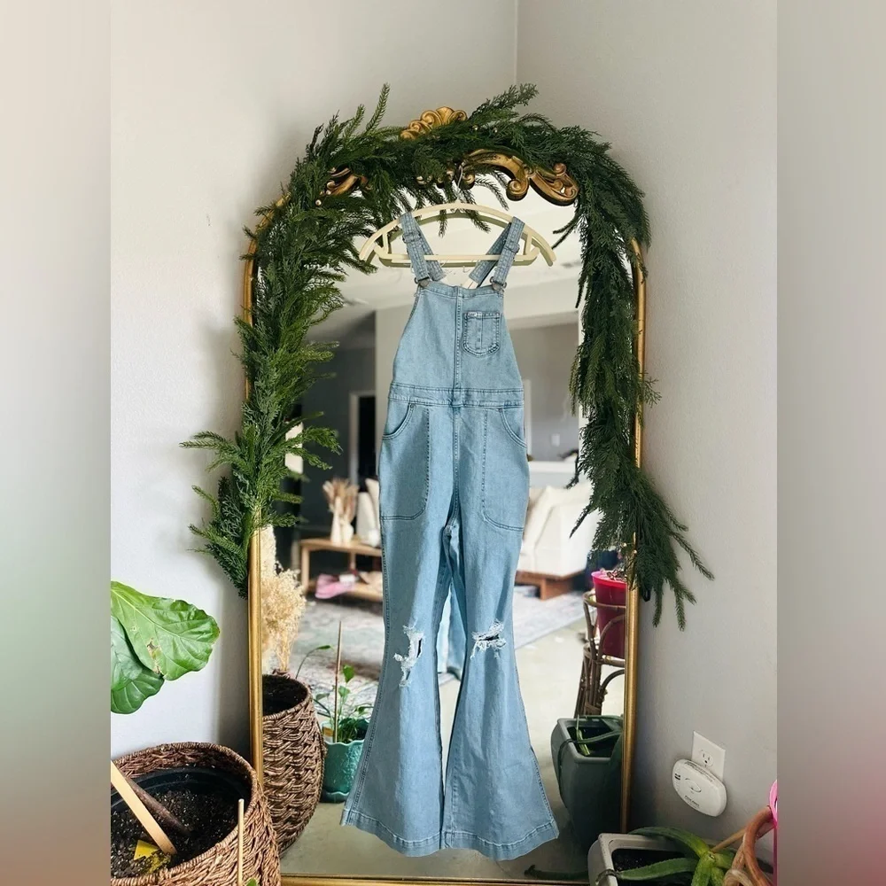 Lee Blue Denim Overalls wide leg distressed small nwt